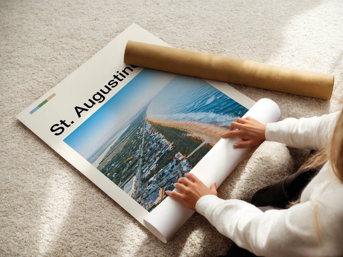 St Augustine Aerial Coastline View Travel Print being unrolled from its postal tube