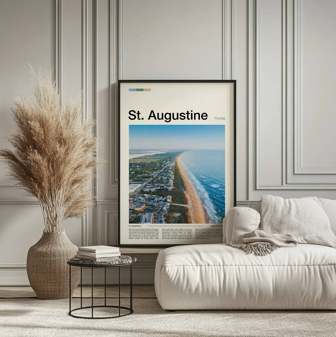 St Augustine Aerial Coastline View Travel Print framed on the wall of a calm, neutral bedroom