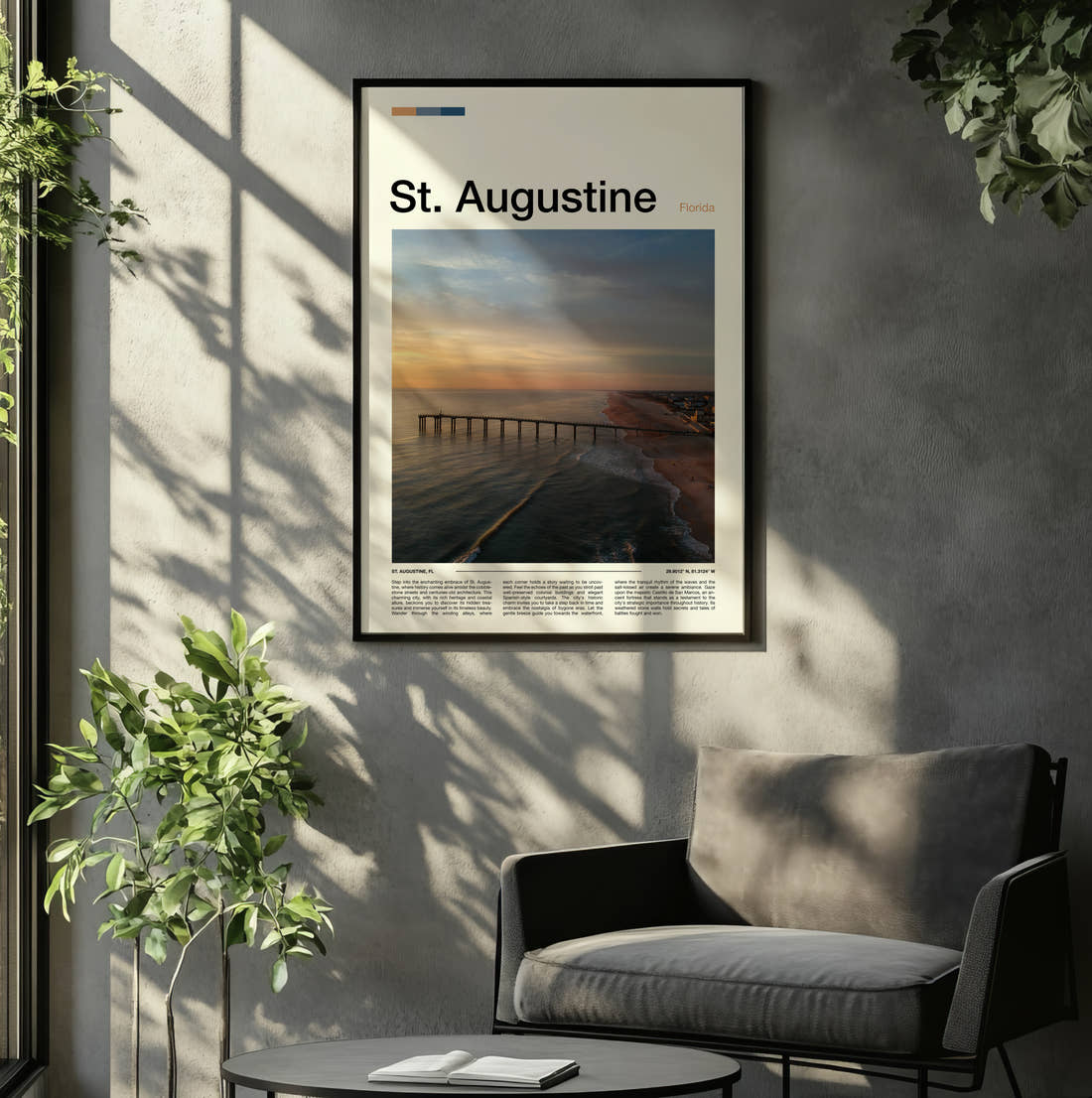 St Augustine Pier At Sunset Travel Print framed on the wall of a relaxed living room