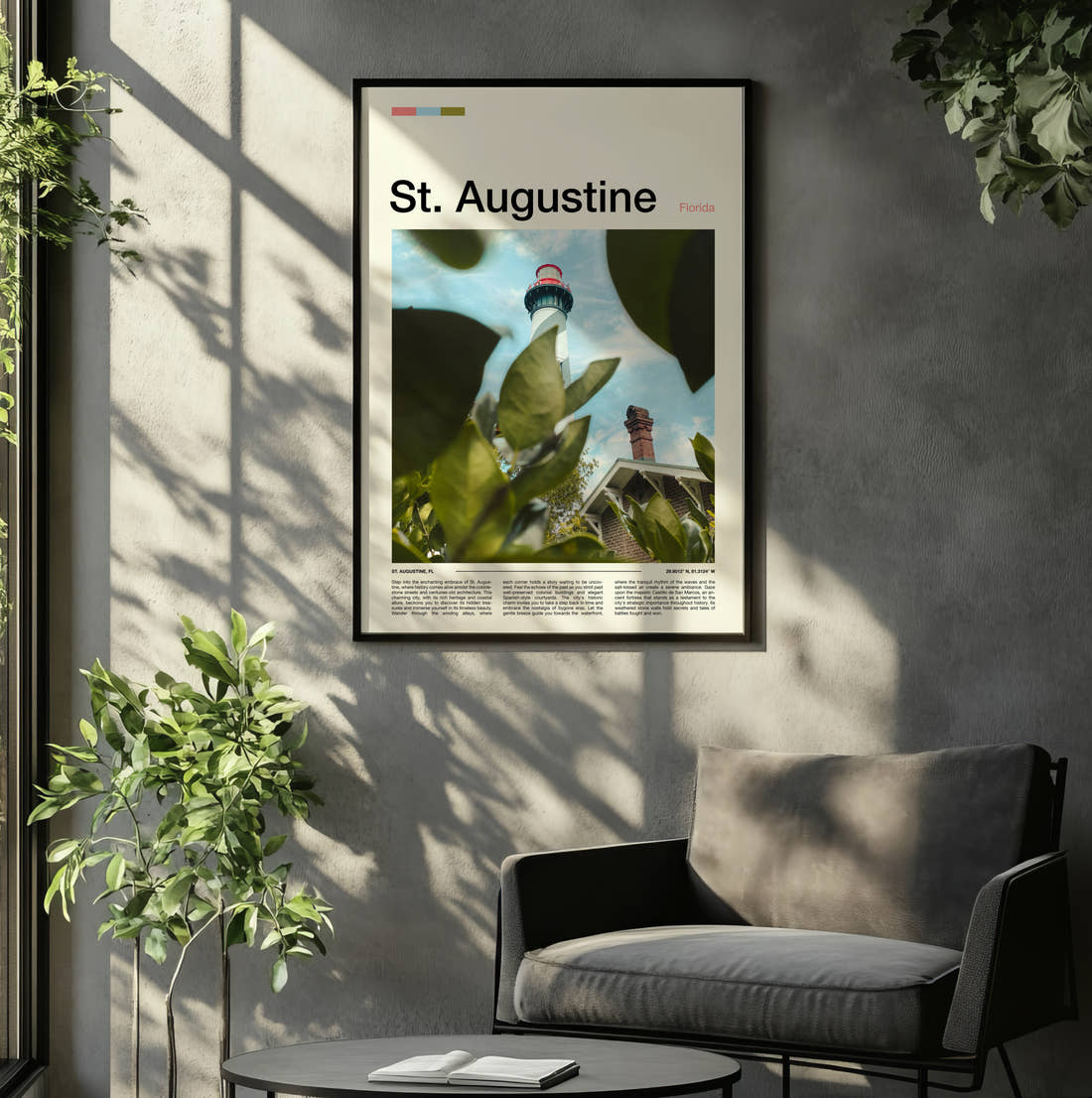 St Augustine Lighthouse Through Foliage Travel Print framed on the wall of a relaxed living room