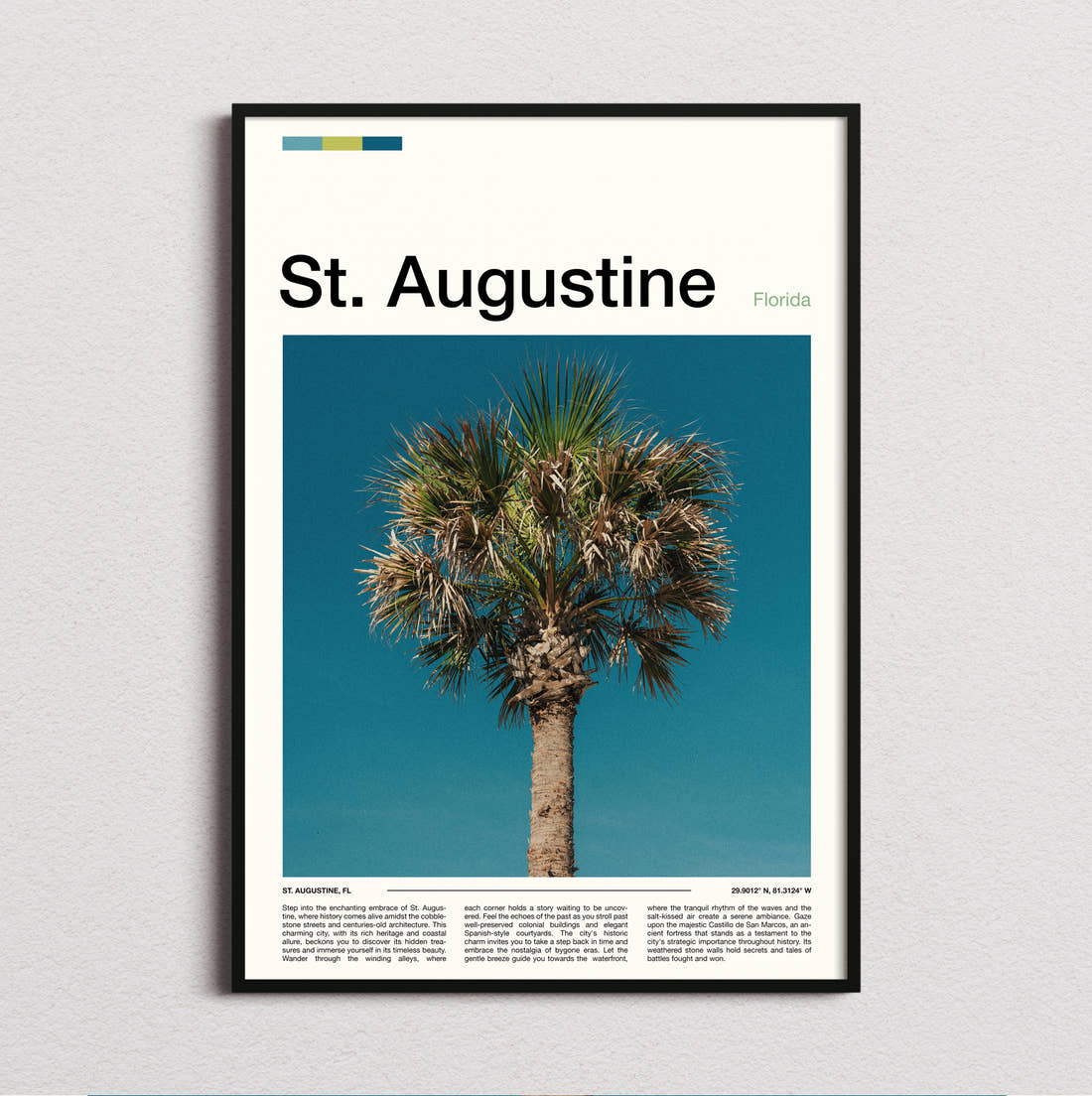 St Augustine Palm Tree Travel Print framed and photographed straight on