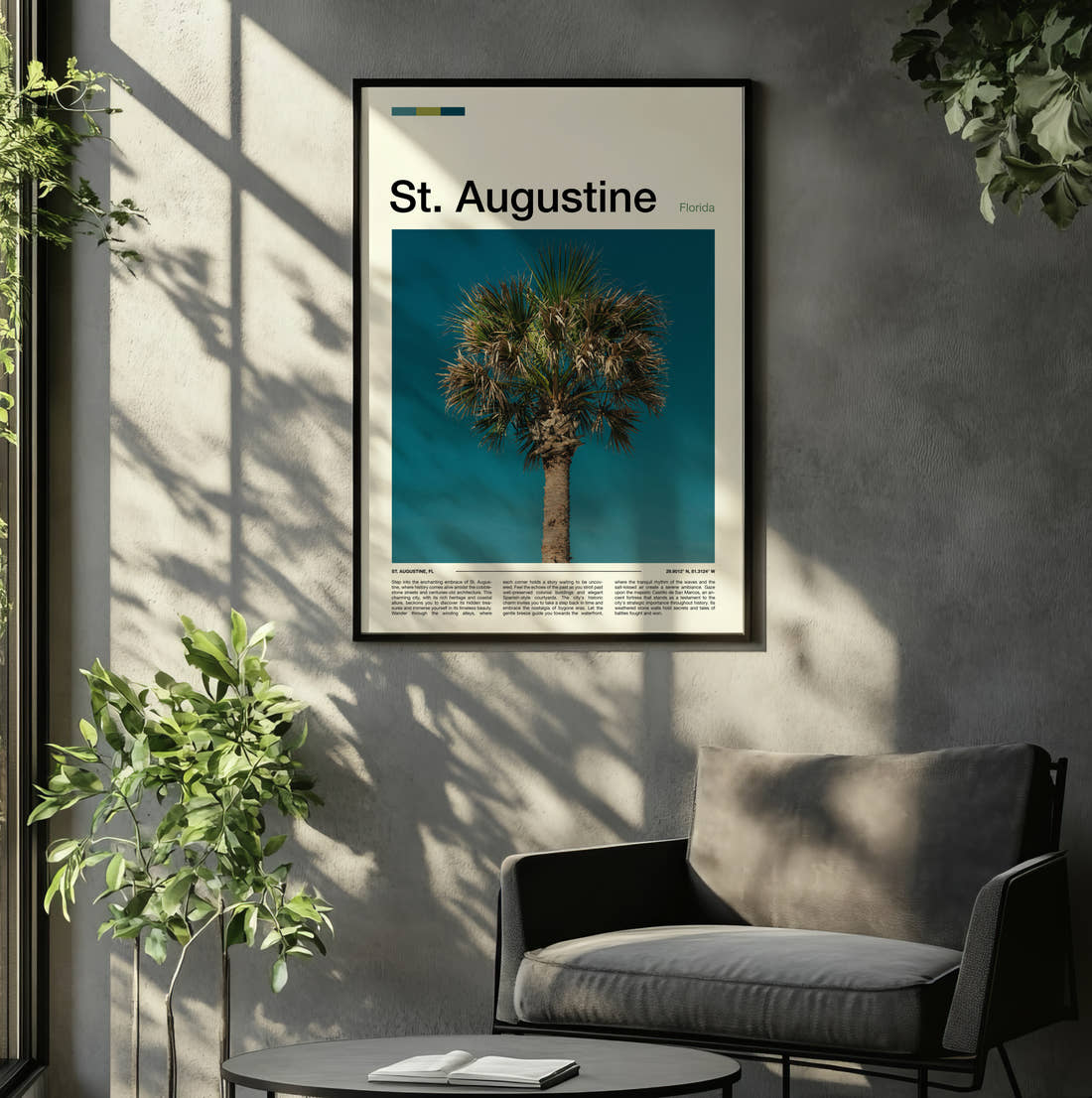St Augustine Palm Tree Travel Print framed on the wall of a relaxed living room