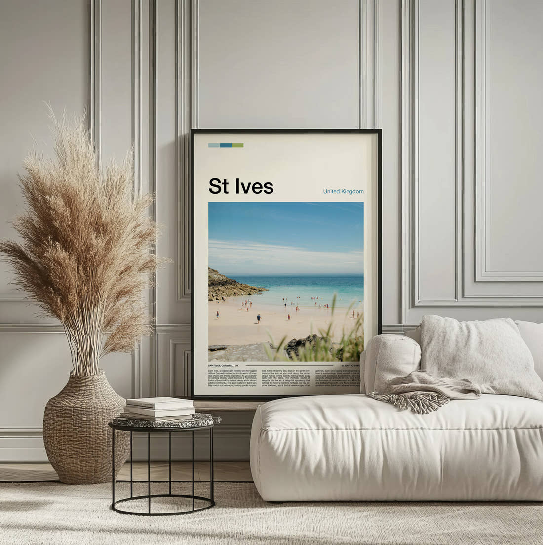 St Ives Sandy Beach Travel Print framed on the wall of a calm, neutral bedroom