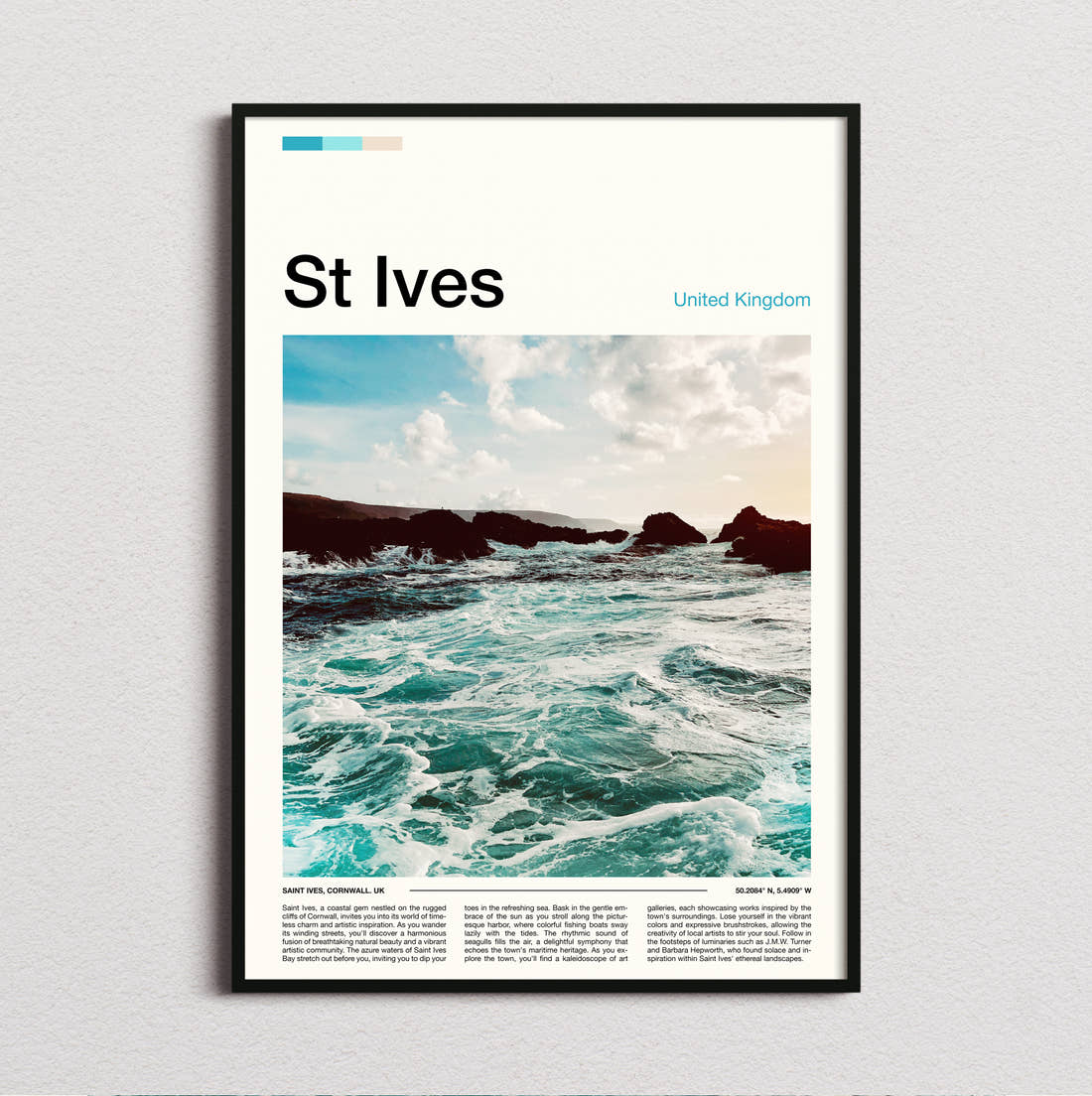 St Ives Waves On Rocky Coast Travel Print framed and photographed straight on