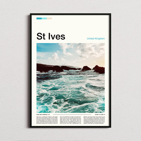 St Ives - Waves On Rocky Coast - Travel Print