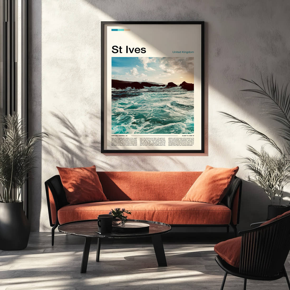 St Ives Waves On Rocky Coast Travel Print framed on the wall of a modern living room