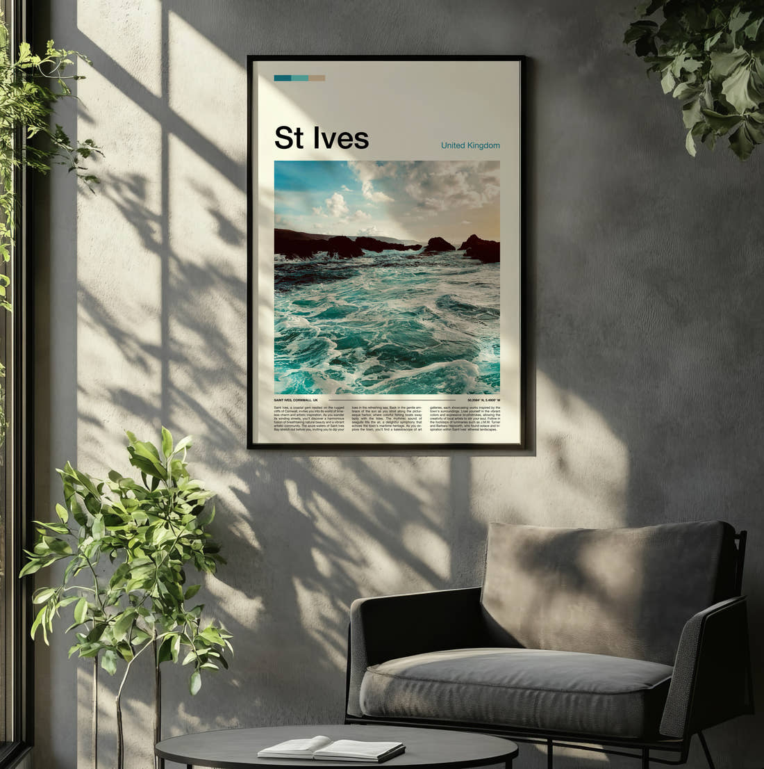 St Ives Waves On Rocky Coast Travel Print framed on the wall of a relaxed living room