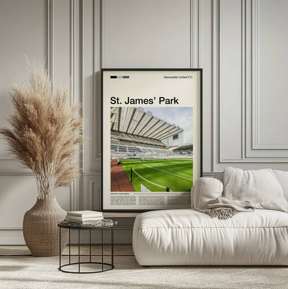 St James Park Stadium Print framed on the wall of a calm, neutral bedroom