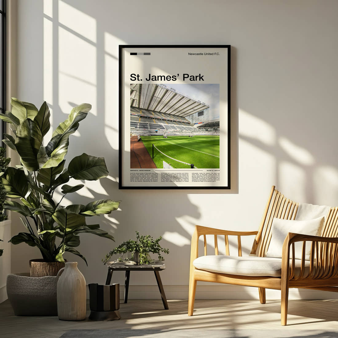 St James Park Stadium Print framed on a pale wall beside houseplants