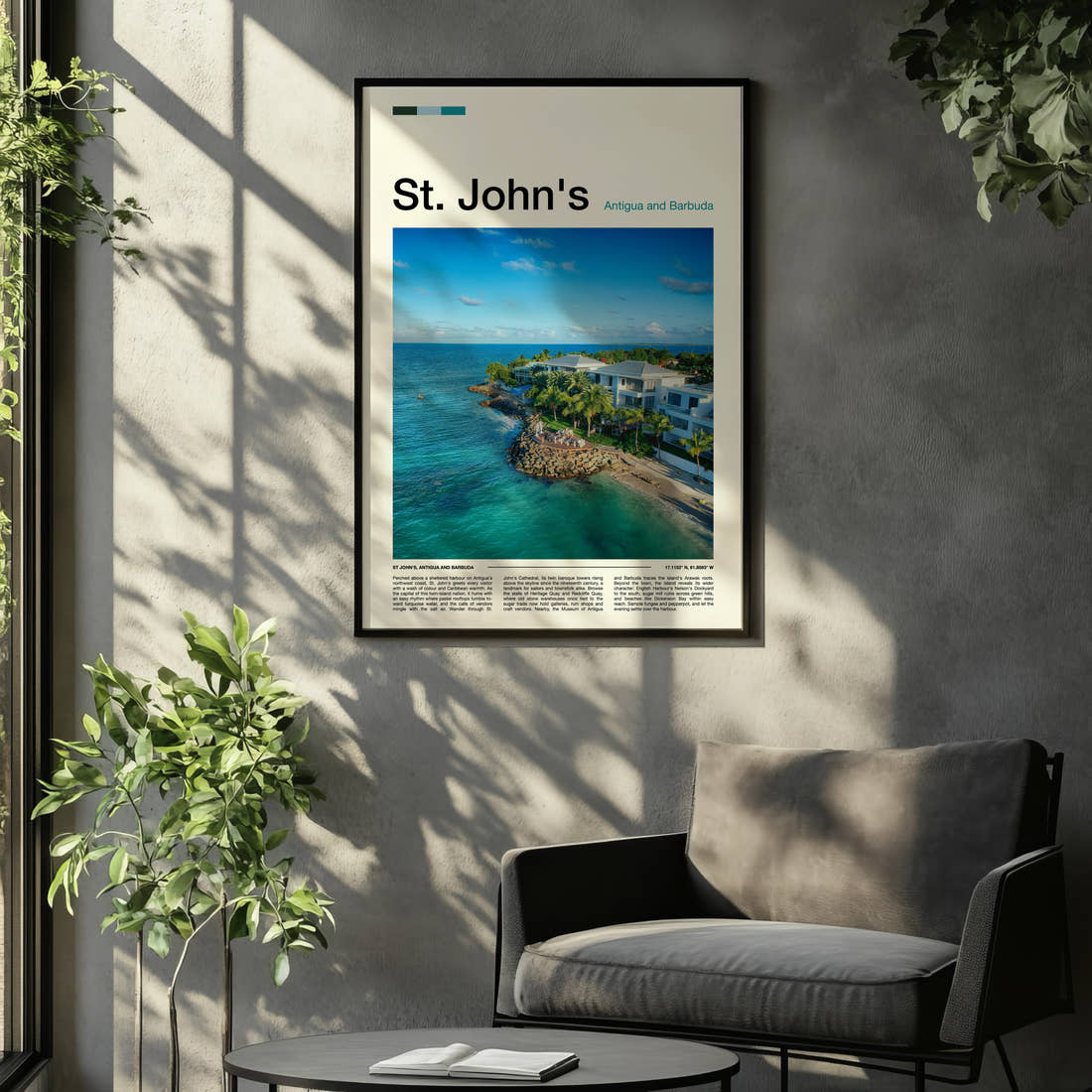 St. John's Aerial Coastal Resort Travel Print framed on the wall of a relaxed living room