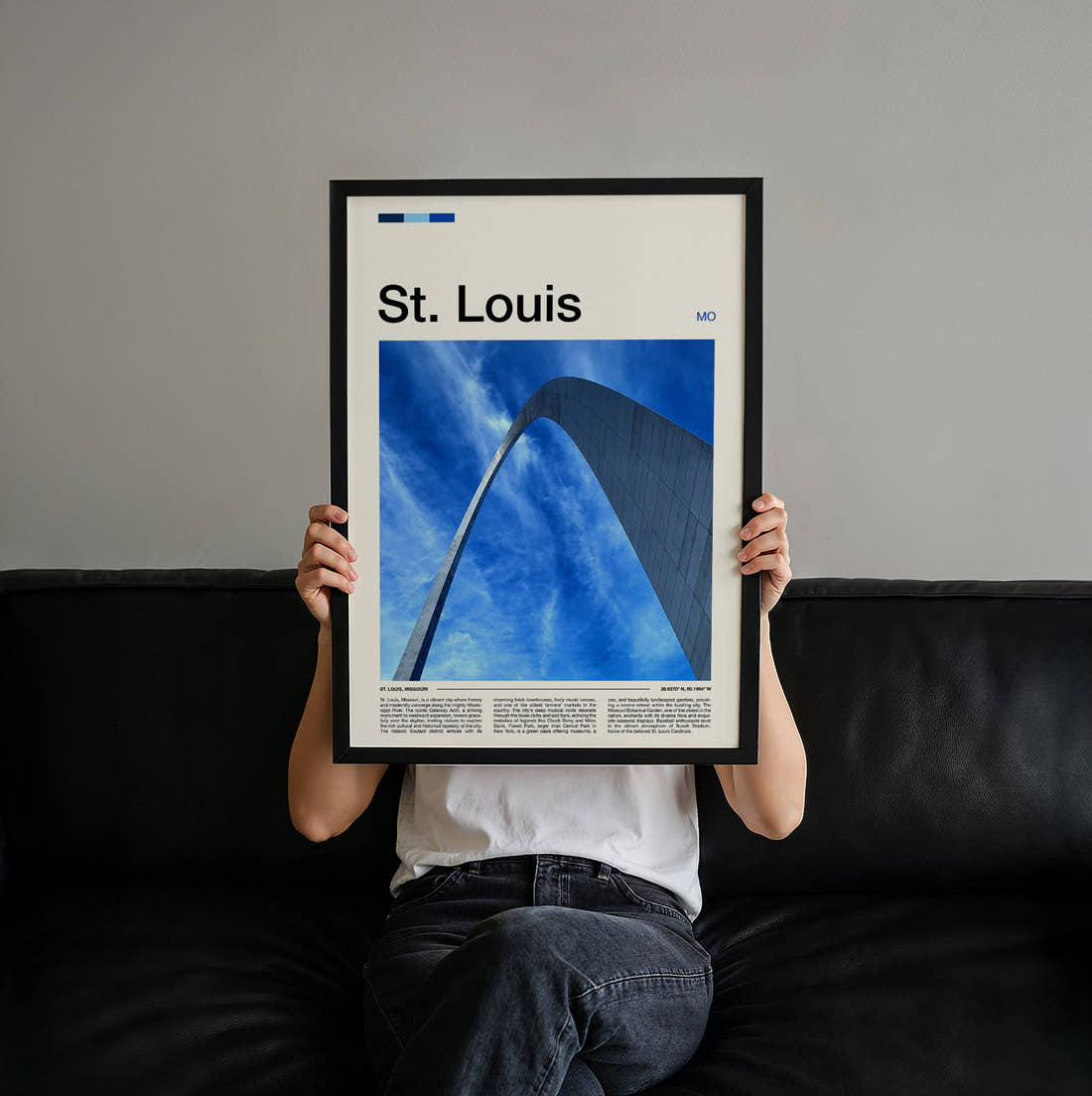 St Louis Gateway Arch Travel Print held up by hand to show the size of the print