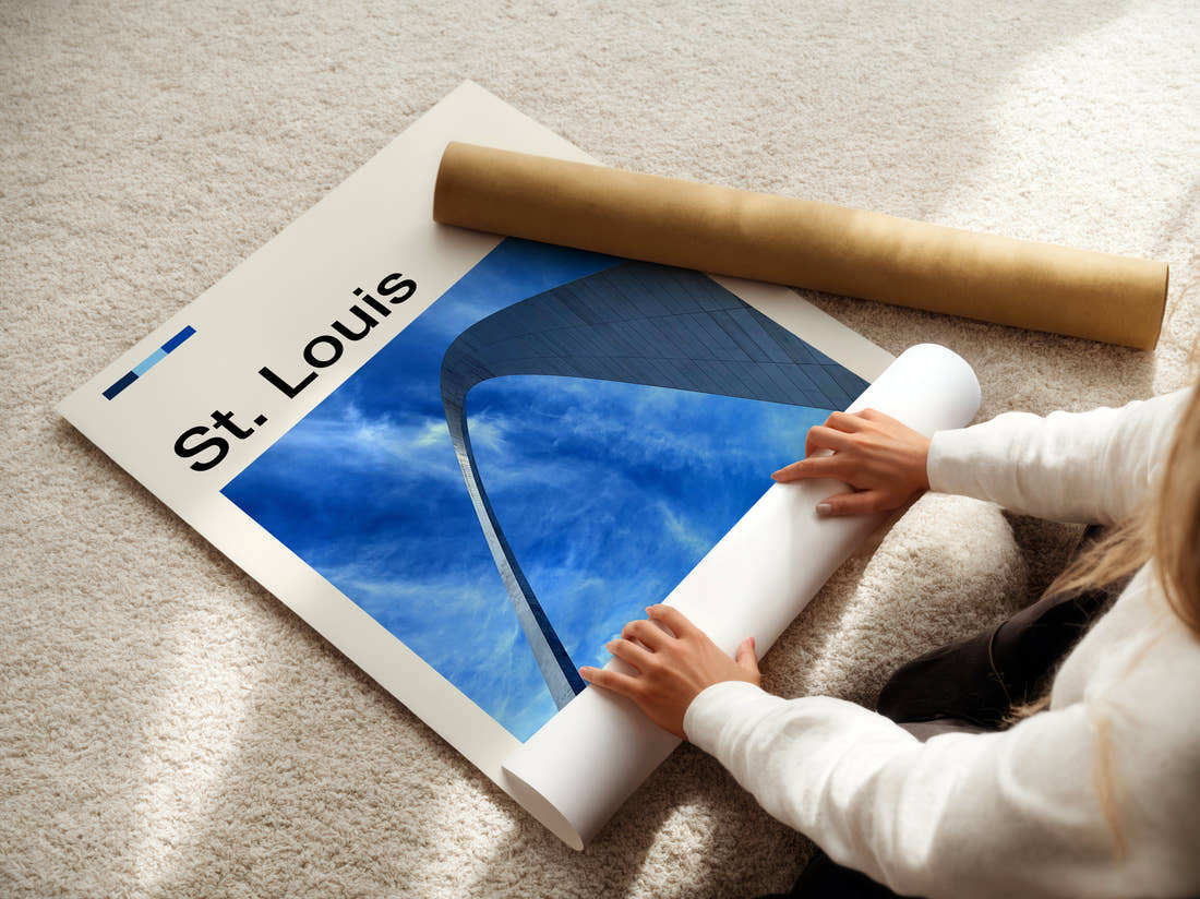 St Louis Gateway Arch Travel Print being unrolled from its postal tube
