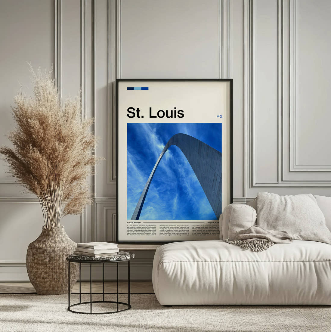 St Louis Gateway Arch Travel Print framed on the wall of a calm, neutral bedroom