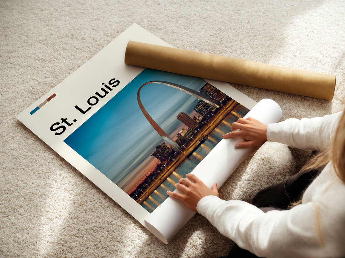 St Louis Gateway Arch At Sunset Travel Print being unrolled from its postal tube