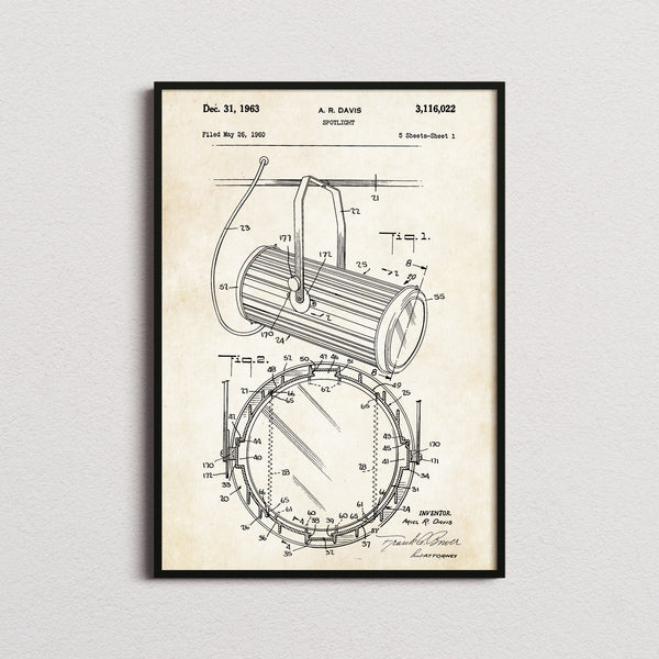 Stage Spotlight Patent Print in the aged paper colourway, framed