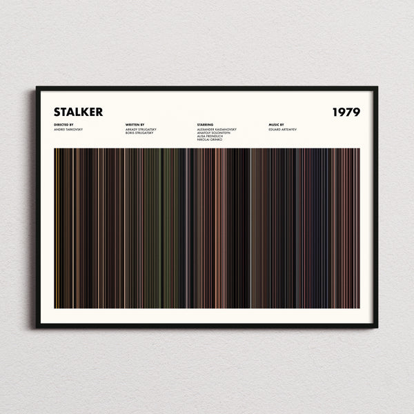 Stalker Movie Barcode Poster framed and photographed straight on