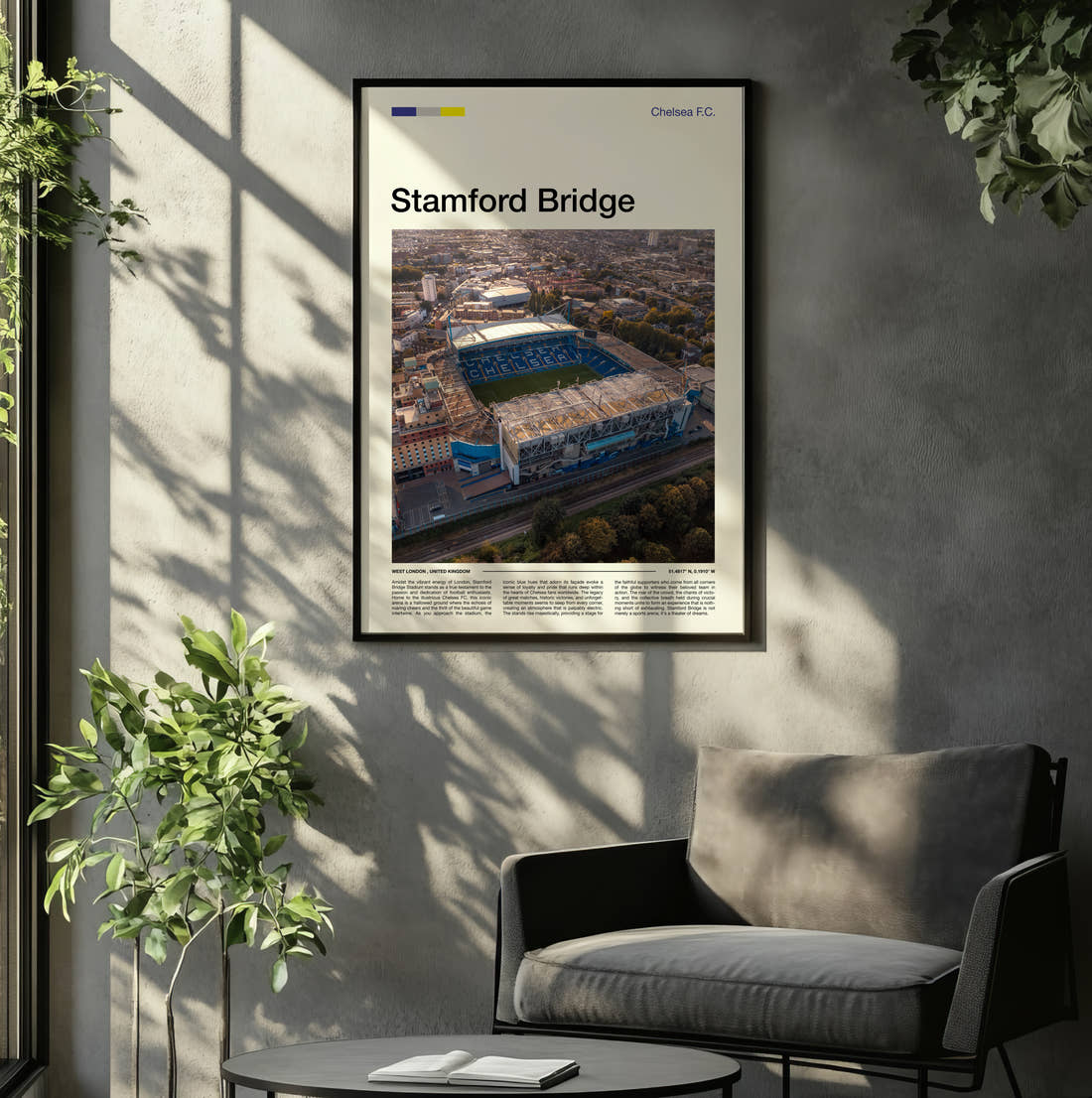 Stamford Bridge Stadium Print framed on the wall of a relaxed living room