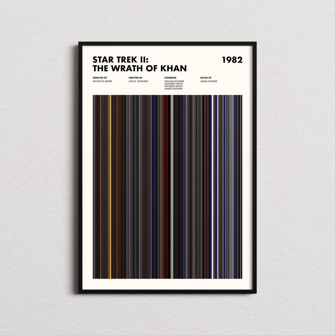 Star Trek 2 The Wrath Of Khan Movie Barcode Poster framed on a plain studio wall