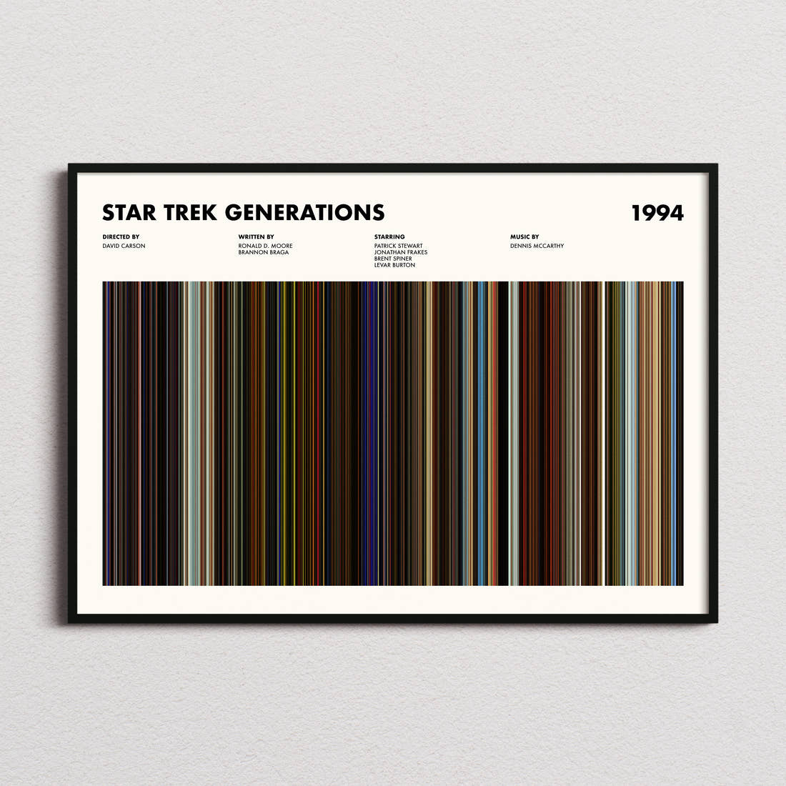 Star Trek Generations Movie Barcode Poster framed and photographed straight on