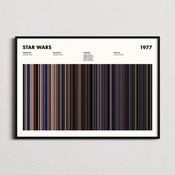 Star Wars Movie Barcode Poster framed and photographed straight on