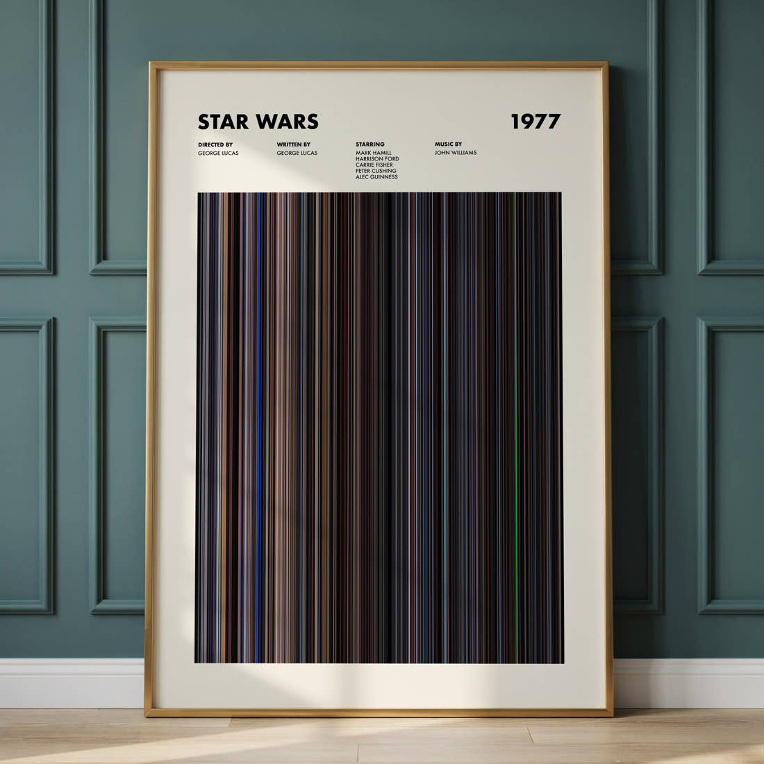 Star Wars Movie Barcode Poster framed and leaning against a panelled wall