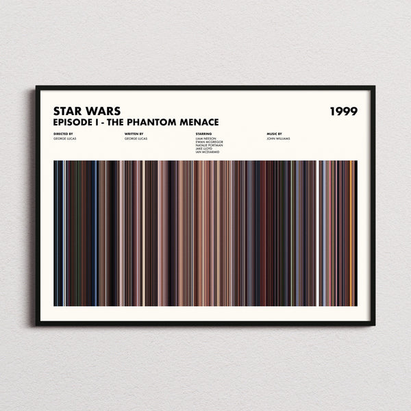 Star Wars: Episode I The Phantom Menace Movie Barcode Poster framed and photographed straight on