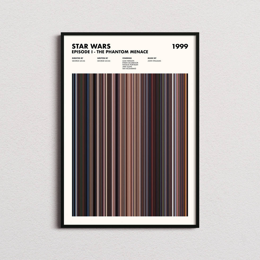 Star Wars: Episode I The Phantom Menace Movie Barcode Poster framed on a plain studio wall