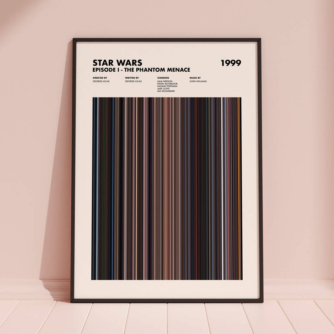 Star Wars: Episode I The Phantom Menace Movie Barcode Poster framed and leaning against a coloured wall