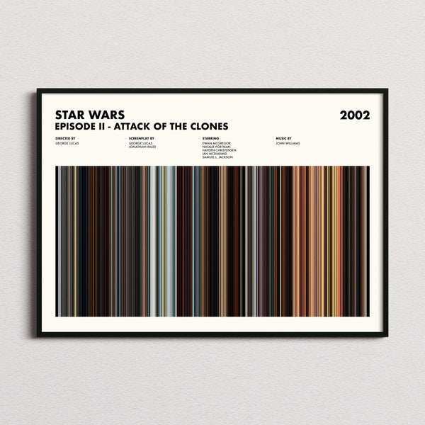 Star Wars: Episode II Attack of the Clones Movie Barcode Poster framed and photographed straight on