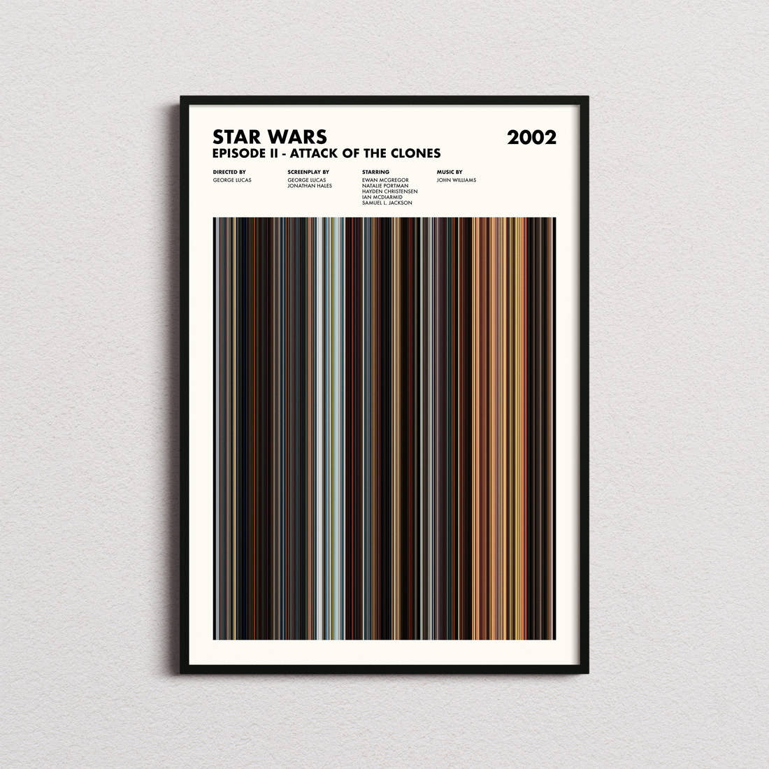 Star Wars: Episode II Attack of the Clones Movie Barcode Poster framed on a plain studio wall