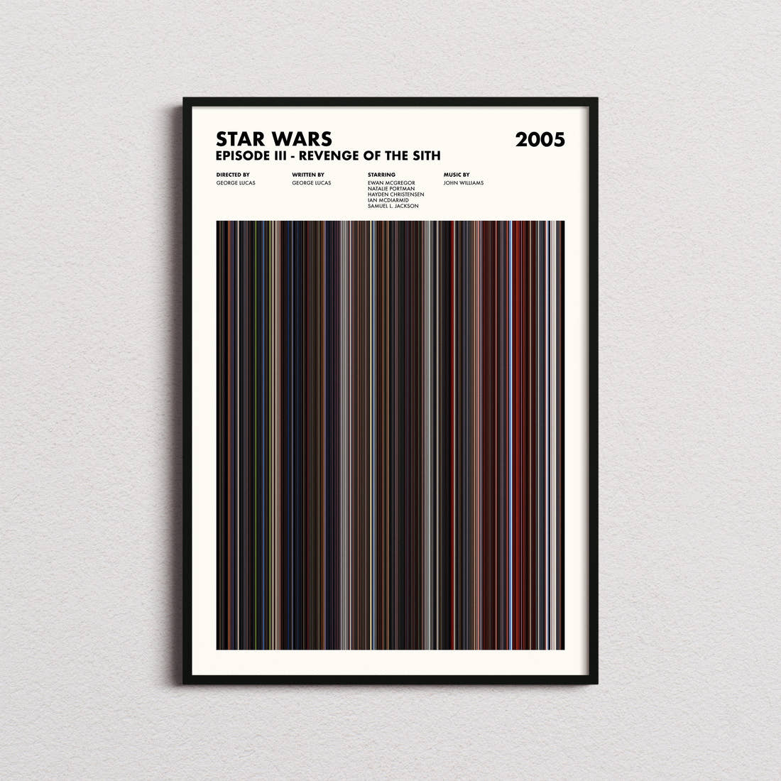 Star Wars: Episode III Revenge of the Sith Movie Barcode Poster framed on a plain studio wall