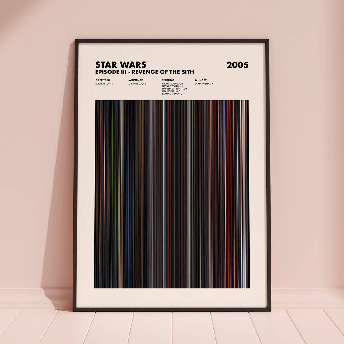 Star Wars: Episode III Revenge of the Sith Movie Barcode Poster framed and leaning against a coloured wall