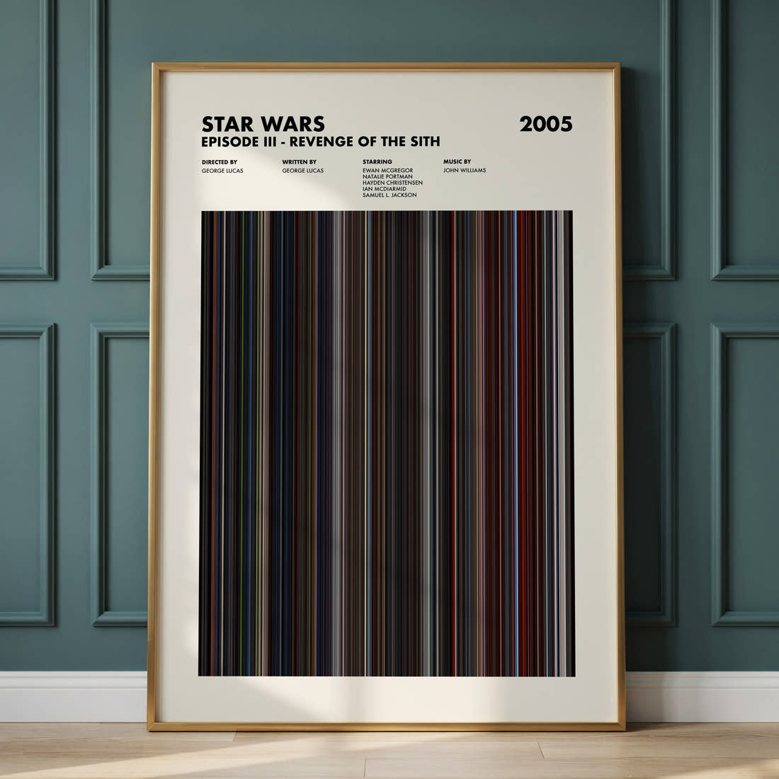 Star Wars: Episode III Revenge of the Sith Movie Barcode Poster framed and leaning against a panelled wall