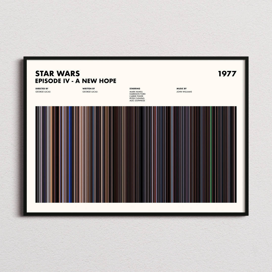 Star Wars: Episode IV A New Hope Movie Barcode Poster framed and photographed straight on