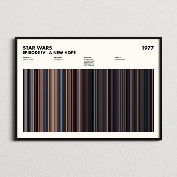 Star Wars: Episode IV A New Hope Movie Barcode Poster framed and photographed straight on