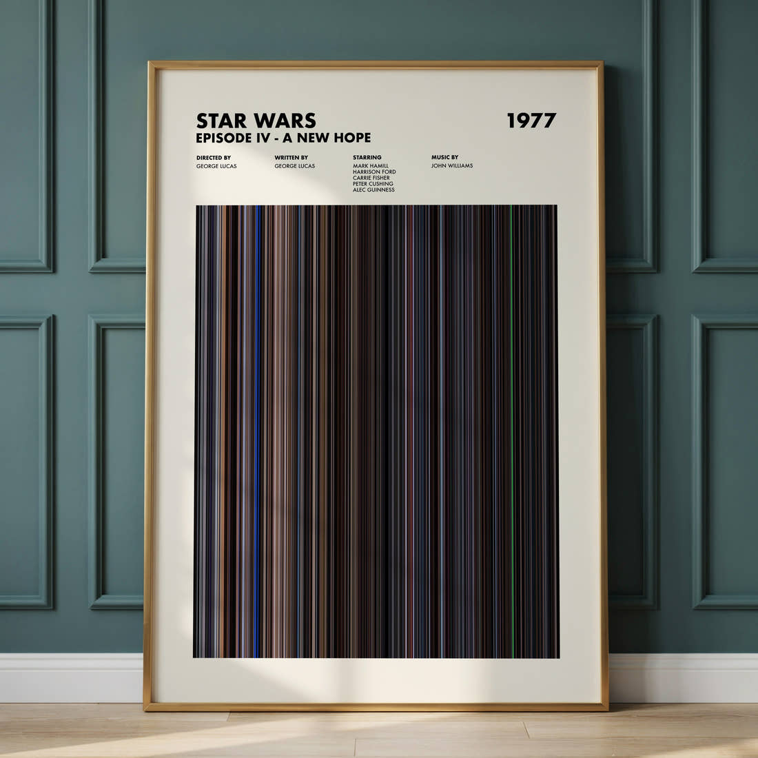 Star Wars: Episode IV A New Hope Movie Barcode Poster framed and leaning against a panelled wall