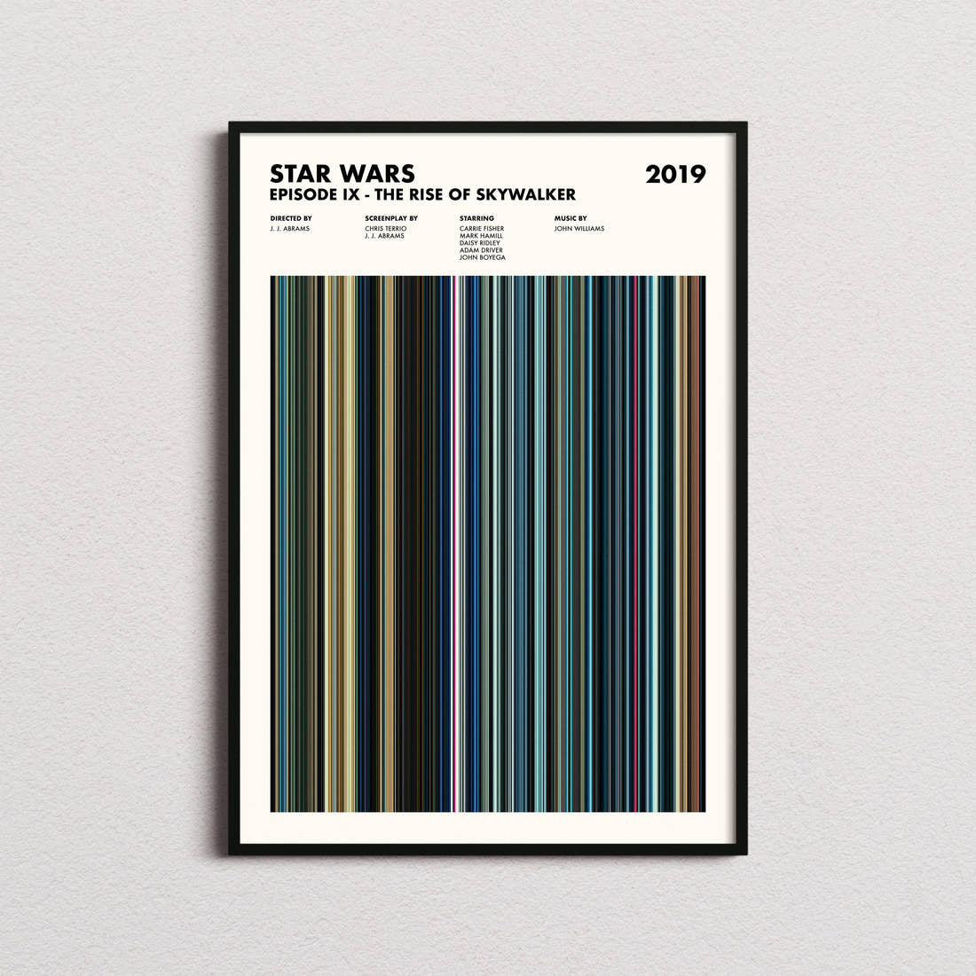 Star Wars: Episode IX The Rise of Skywalker Movie Barcode Poster framed on a plain studio wall