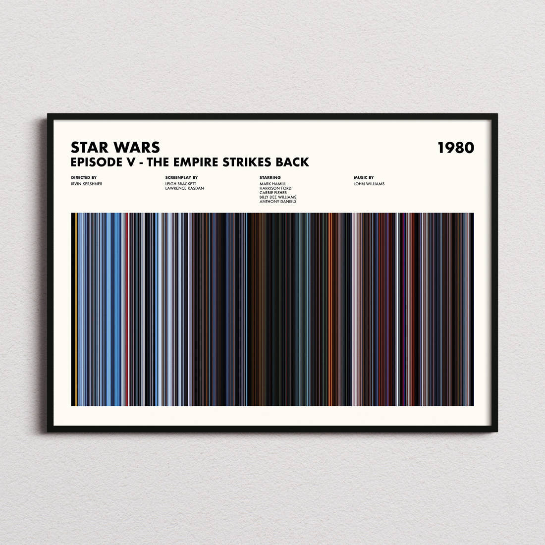 Star Wars: Episode V The Empire Strikes Back Movie Barcode Poster framed and photographed straight on