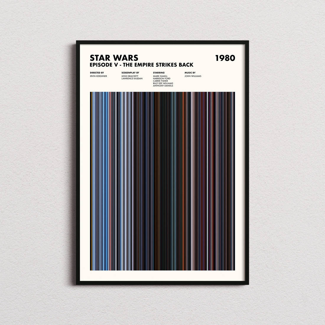 Star Wars: Episode V The Empire Strikes Back Movie Barcode Poster framed on a plain studio wall