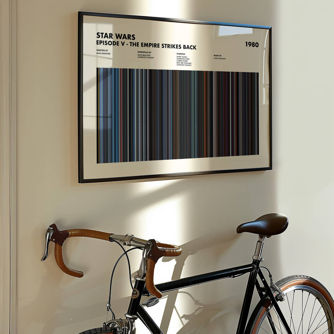 Star Wars: Episode V The Empire Strikes Back Movie Barcode Poster framed on the wall of a styled room setting