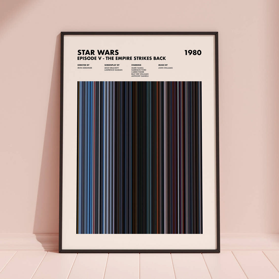 Star Wars: Episode V The Empire Strikes Back Movie Barcode Poster framed and leaning against a coloured wall