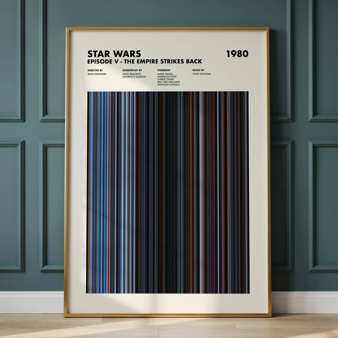 Star Wars: Episode V The Empire Strikes Back Movie Barcode Poster framed and leaning against a panelled wall