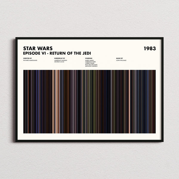 Star Wars: Episode VI Return of the Jedi Movie Barcode Poster framed and photographed straight on