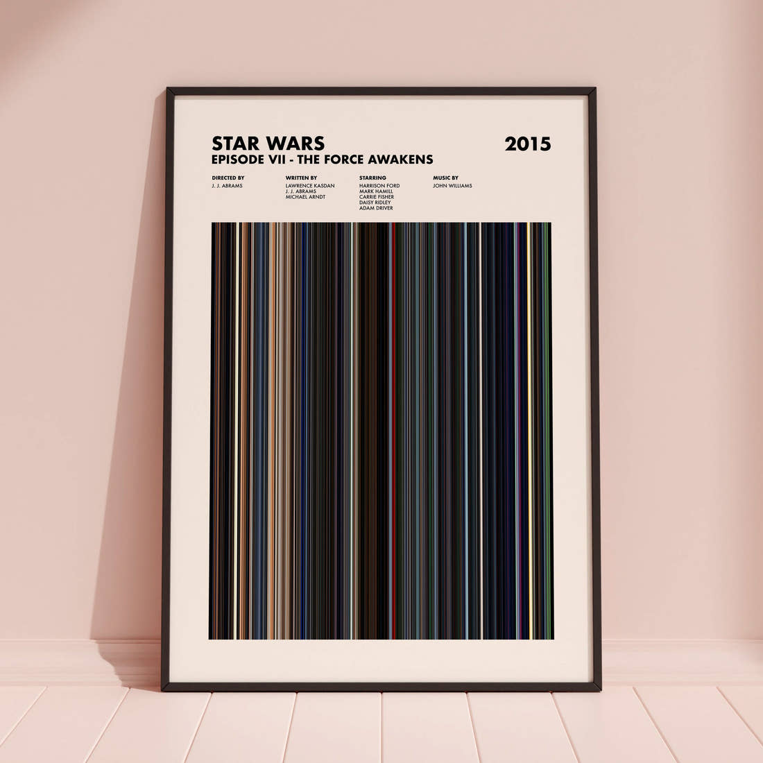 Star Wars: Episode VII The Force Awakens Movie Barcode Poster framed and leaning against a coloured wall