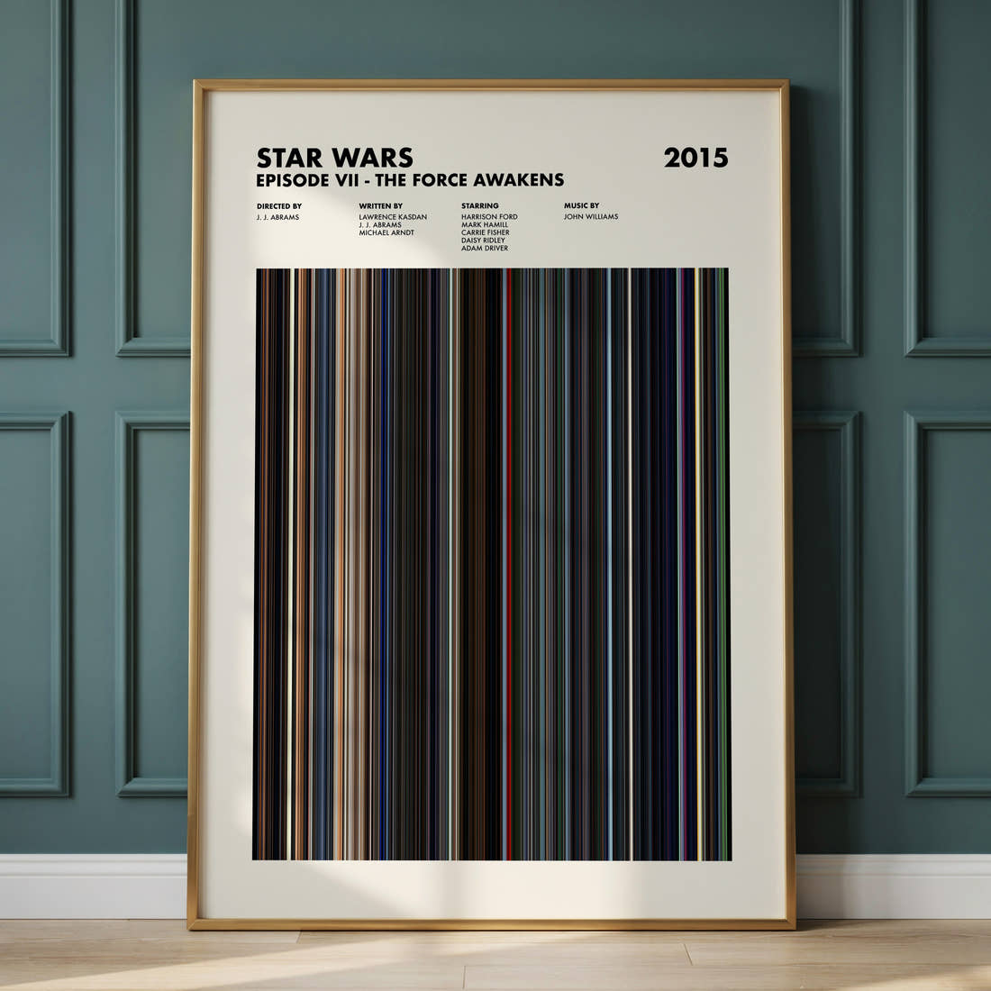 Star Wars: Episode VII The Force Awakens Movie Barcode Poster framed and leaning against a panelled wall
