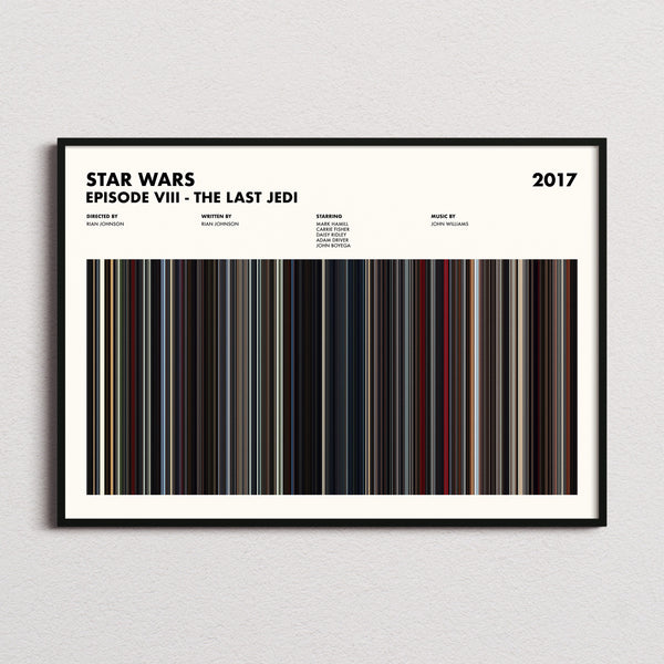 Star Wars: Episode VIII The Last Jedi Movie Barcode Poster framed and photographed straight on