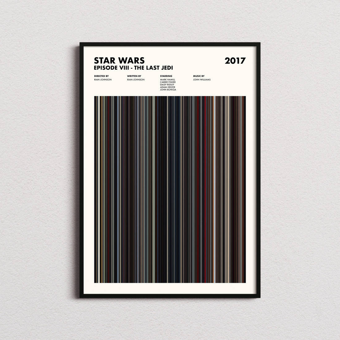 Star Wars: Episode VIII The Last Jedi Movie Barcode Poster framed on a plain studio wall
