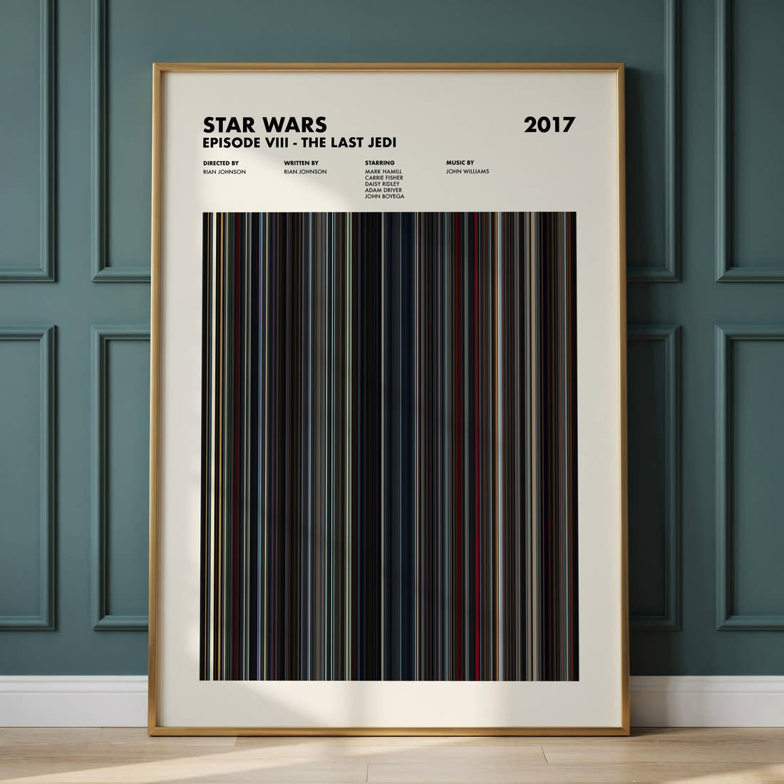 Star Wars: Episode VIII The Last Jedi Movie Barcode Poster framed and leaning against a panelled wall