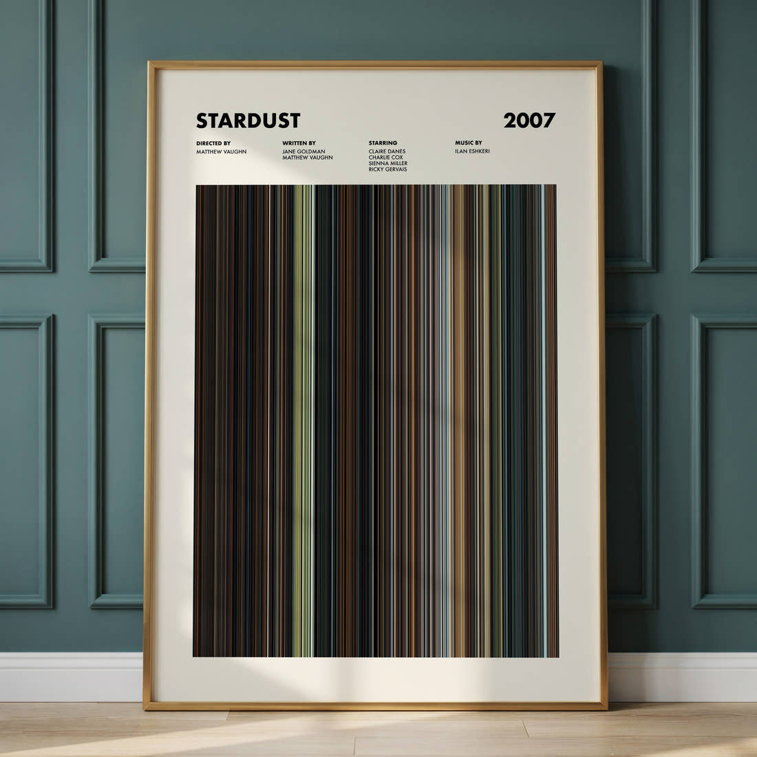 Stardust Movie Barcode Poster framed and leaning against a panelled wall