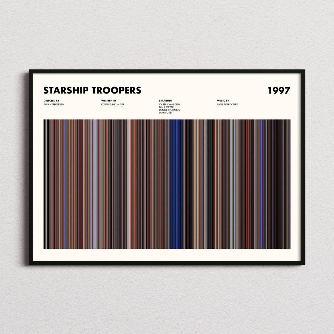 Starship Troopers Movie Barcode Poster framed and photographed straight on